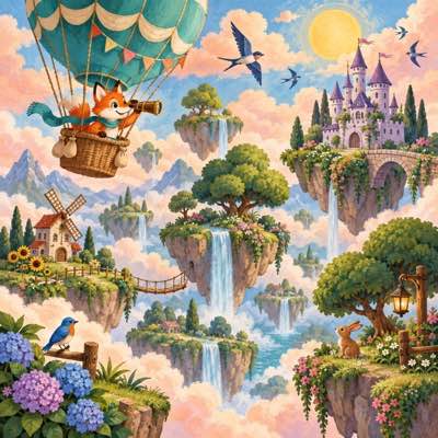 A fox flying over floating islands in a hot-air balloon